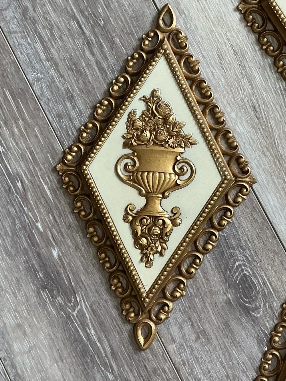 Homco Ornate Gold and Cream Diamond Wall Plaques - Set of 4